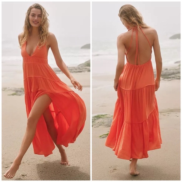 Anthropologie Dresses & Skirts - Anthropologie Celadon Flame Orange Backless Midi Dress NWT Size L